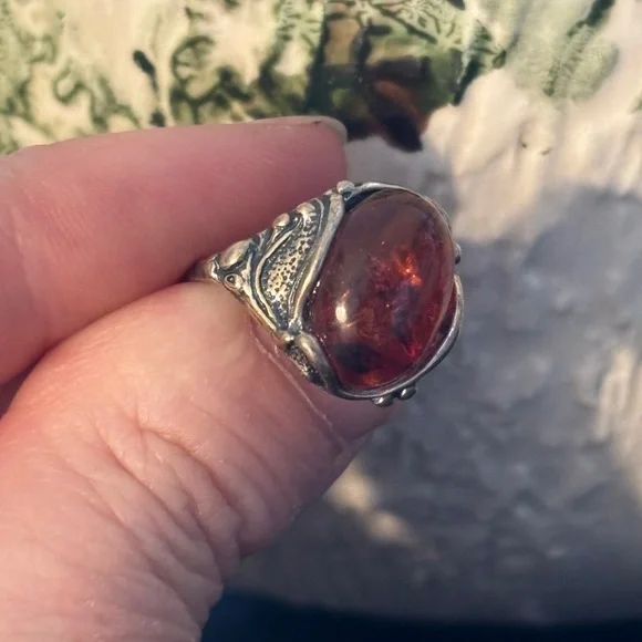 Vintage Sterling Silver Baltic Amber Ring Cognac Cabochon Size 4.5 - Picture 3 of 6